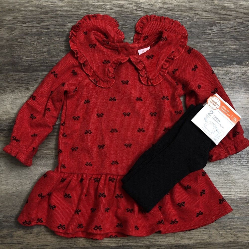 Wonder Nation baby Girl Dress Tights Set Outfit 12M Red Christmas Bow Croquette